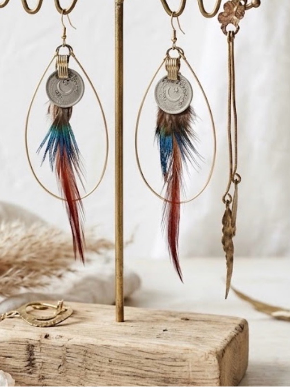 Bohemian Feather Persian Coin Drop Earrings - Multicolor Y2K Vintage